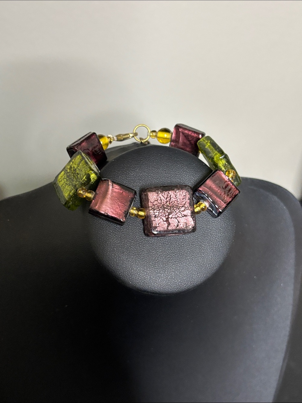Handcrafted Green and Burgundy Dichroic Glass Tile Bracelet - Women Jewelry